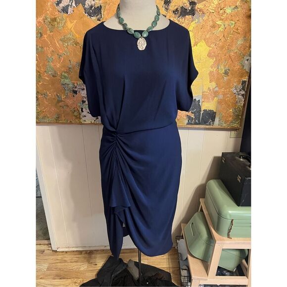 Misha Collection STUNNING Navy Blue Crepe Draped Kendall Dress w/Slit $340 Size - Picture 4 of 12